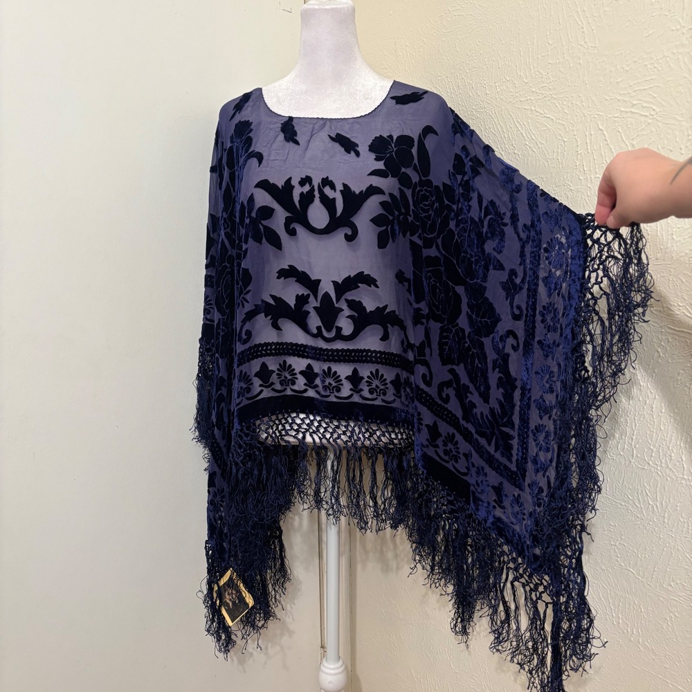 NWT Dark Blue Velvet Sheer Burnout Silk Chiffon Fringe Shawl Poncho Whimsigoth